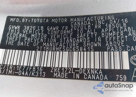 2016 Toyota Corolla Le z USA, uszkodzony, nr VIN 2T1BURHE5GC658415